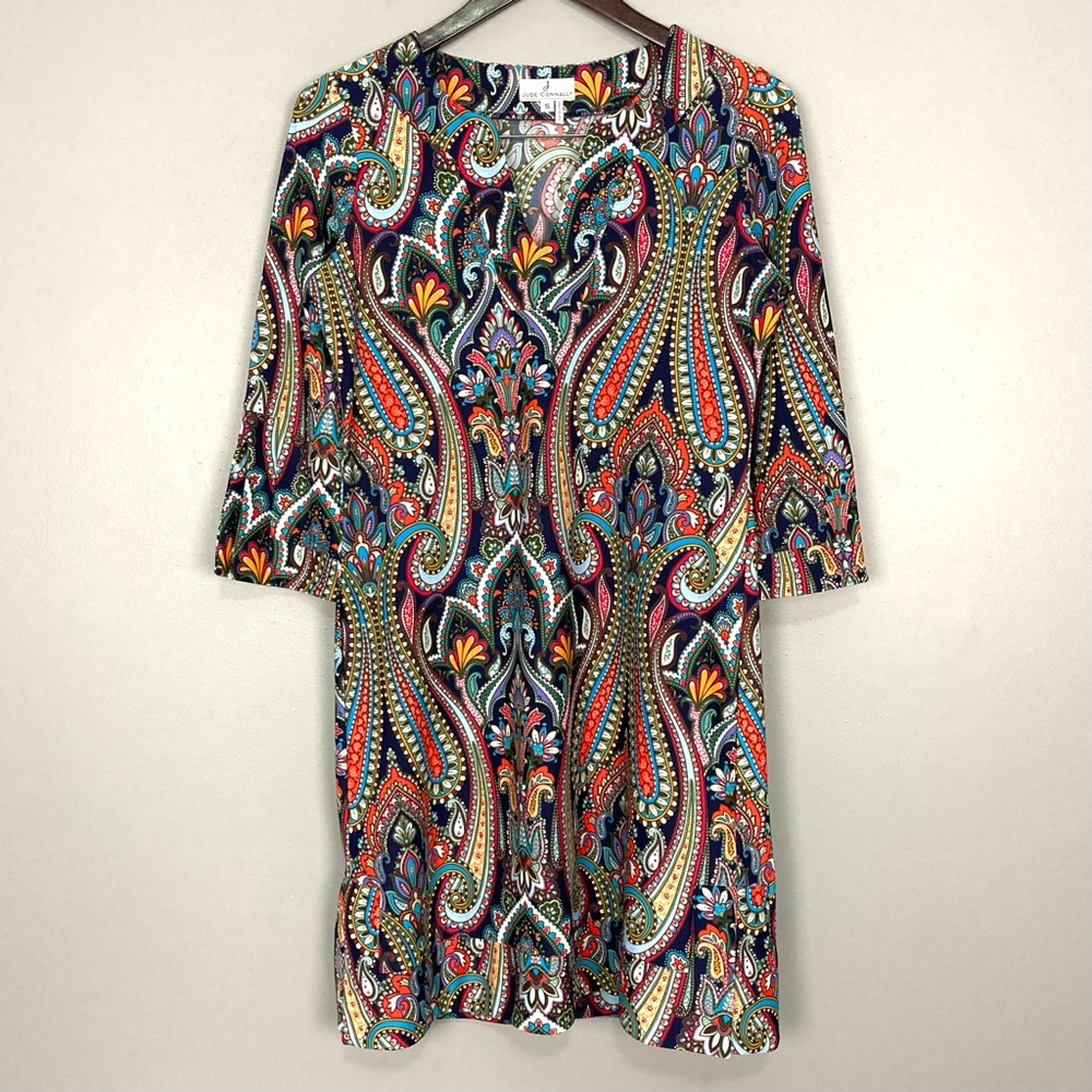 Jude Connally Megan Shift Dress Women’s Sz S V-Neck Paisley Smooth Knit Colorful